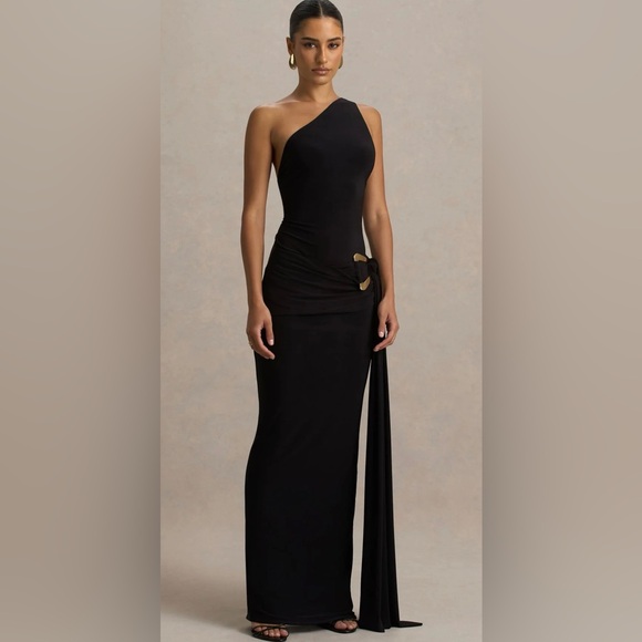 Club L London Bonnie Black Asymmetric-Neck Maxi Dress With Open-Back - Picture 3 of 5